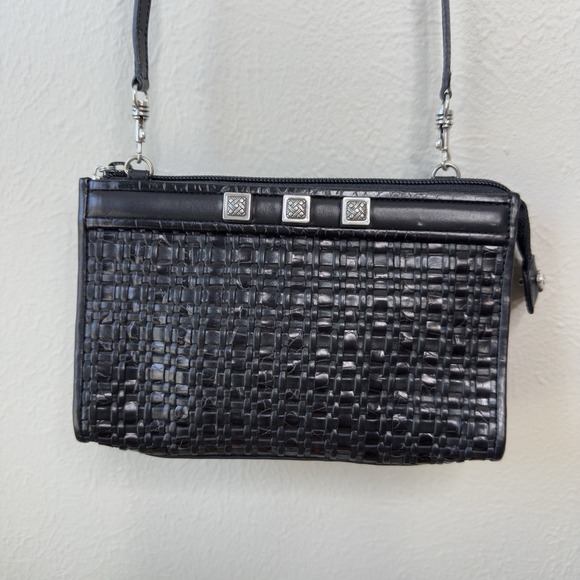 Brighton Handbags - Vtg Brighton Crossbody Purse Black Romag Embossed Leather Organizer Weave Accent